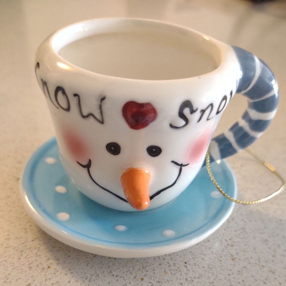 SALE Vintage Snowman Teacup And Saucer Ceramic Ornament. Mint Condition.